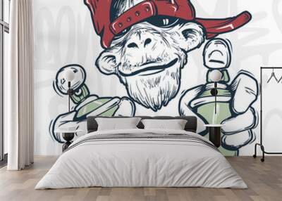 Monkey in cap holding a spray paint, vector print design for t-shirt Wall mural