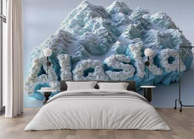 3D 'Alaska' lettering carved into a mountain landscape with icy textures representing glaciers and snow Wall mural