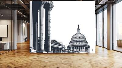 Architectural illustration of the United States Capitol building with classical columns and dome in a monochrome black and white style, suitable for historical and political themed designs Wall mural