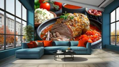 Aromatic roast beef with a savory tomato sauce served with rice, pomegranate seeds, and fresh ingredients in a rich culinary presentation Wall mural