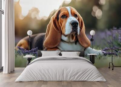 Basset Hound Relaxing in Lavender Field During Golden Hour, Capturing a Serene and Peaceful Moment in Nature's Beauty Wall mural