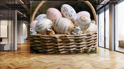 Beautifully decorated Easter eggs in a wicker basket on grass, capturing the essence of traditional Easter holiday celebrations Wall mural