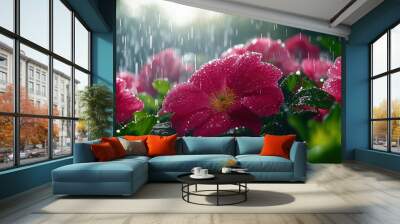 Close-Up of Vibrant Pink Flowers in a Lush Garden During a Rain Shower with Sunlight Breaking Through the Clouds Wall mural