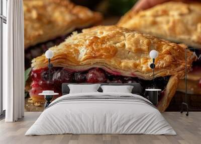 Close-up view of freshly baked homemade mixed berry pie slices with flaky golden crust on a wooden table, showcasing juicy berries indoors Wall mural