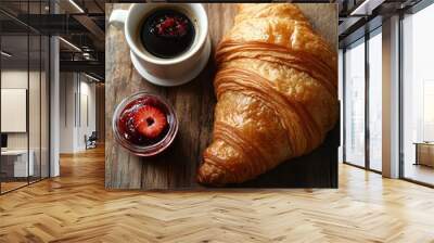 Delicious Morning Treat: Freshly Baked Croissant with Coffee and Strawberry Jam on Rustic Wooden Background for a Perfect Breakfast Wall mural