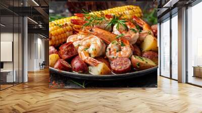 Delicious Southern shrimp boil with corn on the cob, red potatoes, sausage, and fresh herbs, showcasing a vibrant, rustic appearance Wall mural