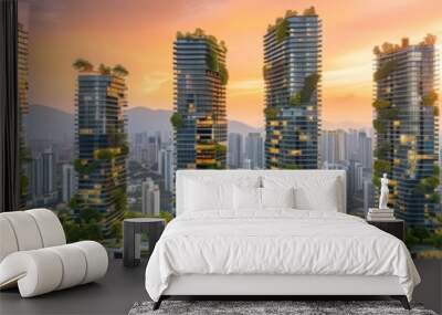 Eco-Friendly Urban Towers at Sunrise: Sustainable Living with Lush Greenery and Soft Morning Light Wall mural