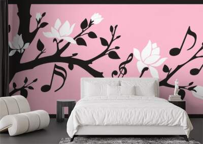 Elegant silhouette of a flowering branch with musical notes on a pink background, blending nature and music themes, ideal for artistic wall decor and creative designs. Wall mural