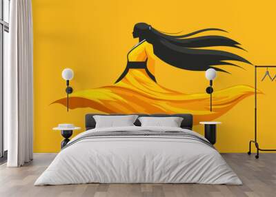 Elegant silhouette of a woman in a flowing yellow dress against a vibrant yellow background, symbolizing grace and movement Wall mural