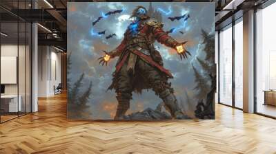 Epic Fantasy Warrior Conjuring Magic in Enchanted Forest Battleground with Glowing Powers and Bats Against Clouded Sky Wall mural