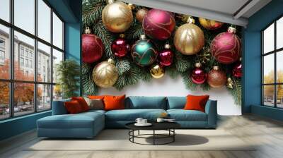 Festive Holiday Decoration featuring Red, Gold, and Green Christmas Ornaments on Evergreen Branches for a Joyful Seasonal Atmosphere Wall mural