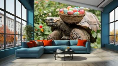 Giant tortoise carrying a basket of colorful Easter eggs on its shell while roaming through lush green plants in a garden setting Wall mural