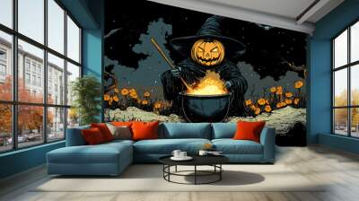 Halloween pumpkin witch stirring a cauldron under a dark sky with bats, surrounded by glowing pumpkins and eerie twisted trees Wall mural