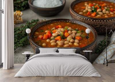 Hearty Mixed Bean and Vegetable Soup in Rustic Ceramic Bowls with Fresh Herbs and Spices for a Wholesome, Flavorful Meal Wall mural