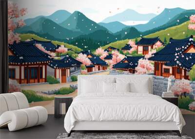 Idyllic Traditional Korean Village with Cherry Blossoms and Mountainous Landscape in a Serene Springtime Setting Wall mural