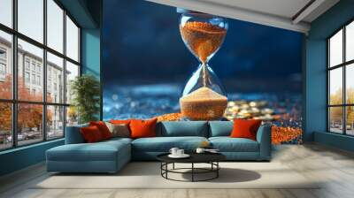 Modern Hourglass Timer with Flowing Sand and Coins on Dark Background Symbolizing Time and Financial Investment Concept Wall mural