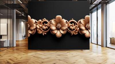 Ornate Floral Carving in Antique Gold - Decorative Wood Ornament with Floral Design on Black Background Wall mural