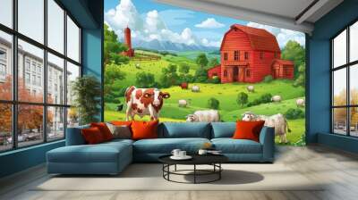 Quaint Countryside Farm Scene with Red Barn, Grazing Sheep, and a Cow on a Lush Green Meadow under a Clear Blue Sky Wall mural