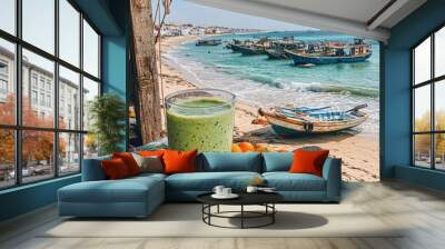 Refreshing Avocado Smoothie by Serene Beach with Boats, Exotic Tropical Fruits, and Vibrant Blue Ocean View at Scenic Coastal Destination Wall mural