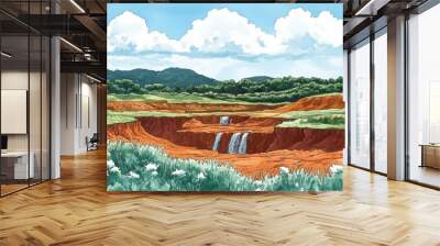 Scenic landscape with a serene view of cascading waterfall in a lush green valley and distant mountains under a bright blue sky Wall mural