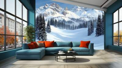 Scenic Snow-Covered Mountain Landscape with Pine Trees and Clear Blue Sky in Winter Wonderland Photography Wall mural