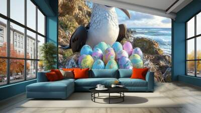 Seaside Bird Nest with Colorful Easter Eggs on Rocky Shoreline Under Clear Blue Sky with Ocean Waves and Palm Trees Wall mural