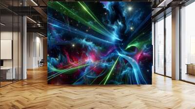 Space Fractal with Green Light Rays and Nebula Wall mural