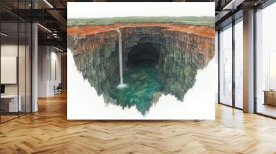 Stunning nature wonderland: vertical sinkhole with flowing waterfall into scenic turquoise underwater cavern in remote landscape Wall mural