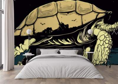 Surreal Giant Turtle with Red Eyes Walking on a Deserted Landscape Under a Starry Night Sky in Vintage Comic Style Artwork Wall mural