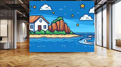 Tropical island house at night with stars, vibrant vector illustration for vacation rentals, tropical getaways, and beachside relaxation, capturing the serene beauty of island life under a starlit sky Wall mural