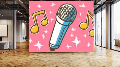 Vibrant illustration of a microphone surrounded by yellow musical notes and sparkling stars on a pink background, evoking joyful performance vibes Wall mural