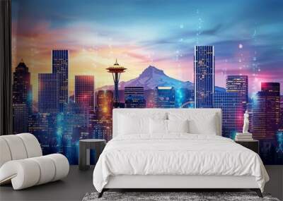 Vibrant Night Skyline of Seattle with Distant Mountains, Neon Lights, and Iconic Space Needle Under a Colorful Sunset Wall mural