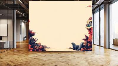 Vibrant traditional Lion Dance illustration set amidst lush red foliage, featuring two otters, and a serene beige backdrop Wall mural