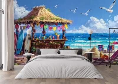 Vibrant Tropical Beach Scene with Tiki Bar, Colorful Surfboards, Sunbathers, Sandcastle, and Seagulls under Brilliant Blue Sky Wall mural