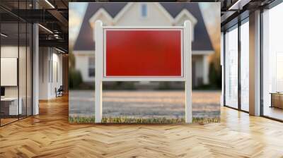 A blank red sign stands prominently in front of a house, surrounded by greenery, suggesting a potential real estate listing or announcement. Wall mural