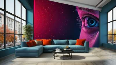 A captivating close-up of a human eye illuminated with vibrant lights, conveying depth and emotion in a futuristic setting. Wall mural