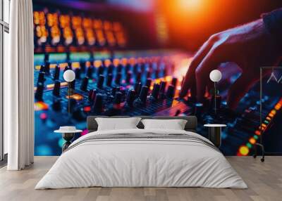 A close-up of a hand adjusting knobs on a professional audio mixer in a vibrant, colorful environment, capturing the essence of music production. Wall mural