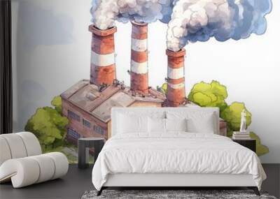 A colorful illustration of a factory with three smokestacks emitting smoke, surrounded by greenery. Wall mural