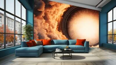 A dramatic cosmic scene featuring a luminous orb surrounded by swirling clouds, evoking wonder and mystery in the universe. Wall mural