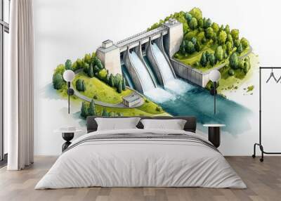 A scenic view of a dam surrounded by greenery, showcasing water flowing through gates, ideal for environmental and engineering themes. Wall mural