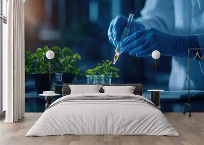 A scientist conducts experiments on plants using a pipette in a laboratory, showcasing research and innovation in botany and biochemistry. Wall mural