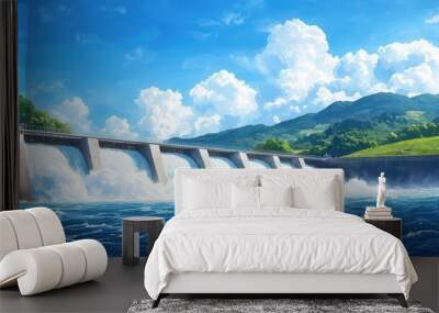 A serene landscape featuring a dam with flowing water under a bright blue sky and fluffy clouds, surrounded by lush green hills. Wall mural