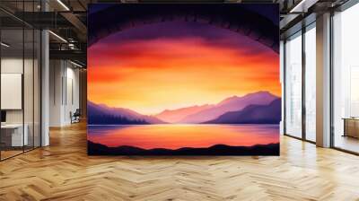 A serene sunset landscape with vibrant colors reflected on calm water, framed by mountain silhouettes and a stone arch. Wall mural