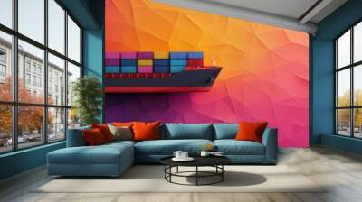 A stylized cargo ship silhouetted against a vibrant gradient background, presenting a modern shipping theme. Wall mural