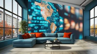 A vibrant, digital globe displaying North America, surrounded by abstract data streams and visuals, symbolizing global connectivity and information exchange. Wall mural