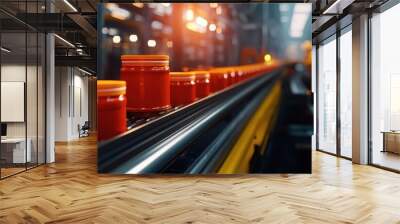 A vibrant factory scene with orange containers on a conveyor belt, showcasing a dynamic production line and workers in safety gear. Wall mural