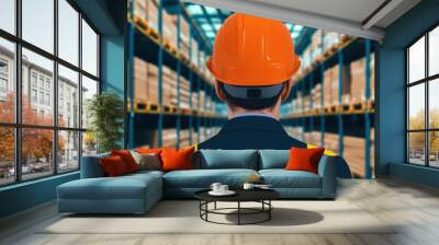 A worker in an orange hard hat and safety vest surveys a warehouse filled with stacked boxes. Wall mural