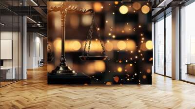 An elegant bronze scale symbolizing justice, set against a dreamy bokeh backdrop filled with warm light. Wall mural