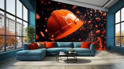 An orange hard hat surrounded by debris, symbolizing safety in construction. Wall mural