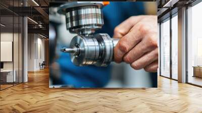 Close-up of a skilled worker's hand adjusting machinery in a modern industrial setting. Wall mural